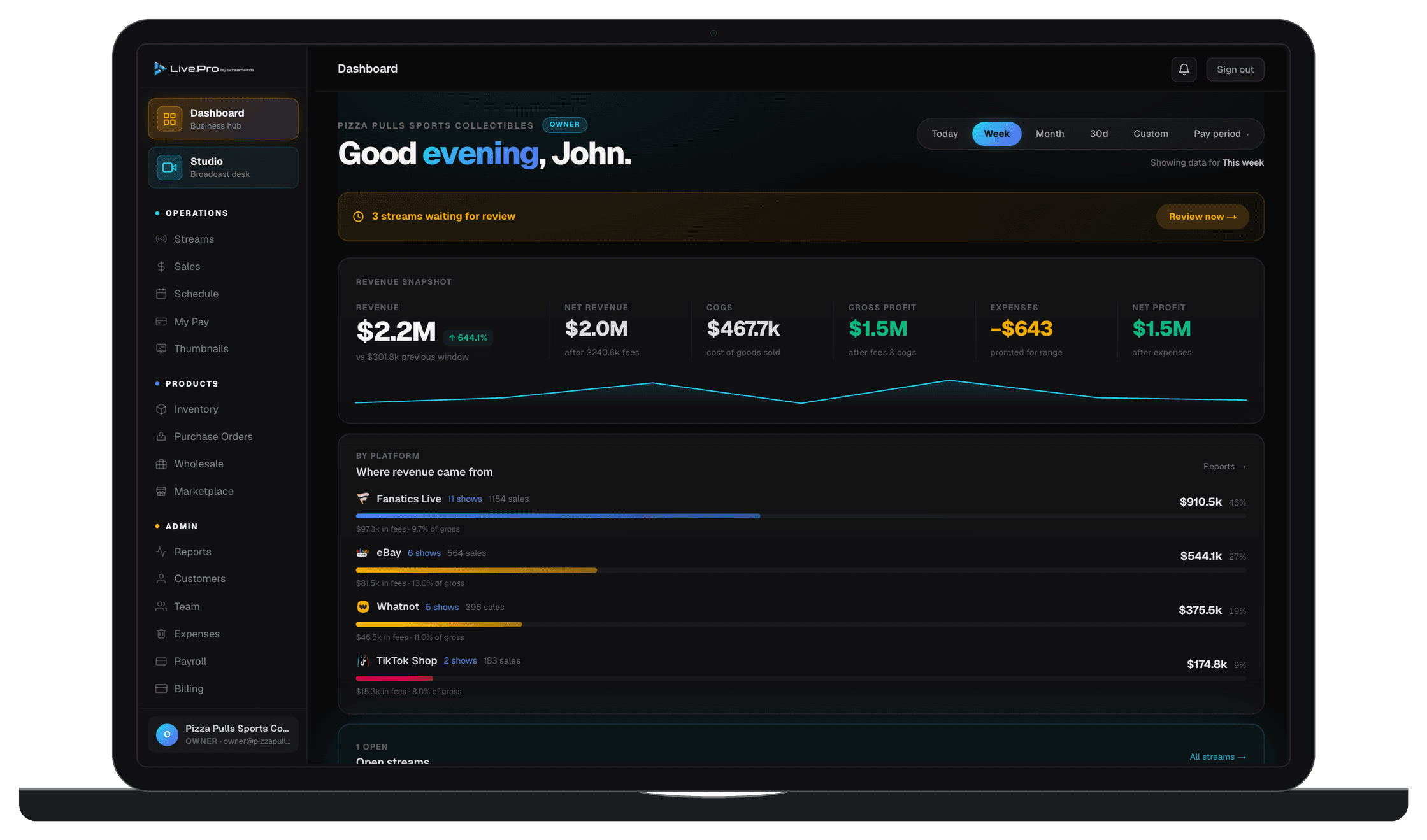 LivePro admin dashboard on a MacBook — revenue, payroll, inventory overview