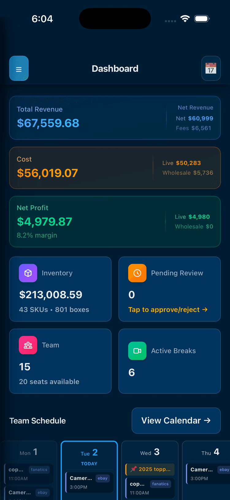 LivePro Mobile App - Dashboard